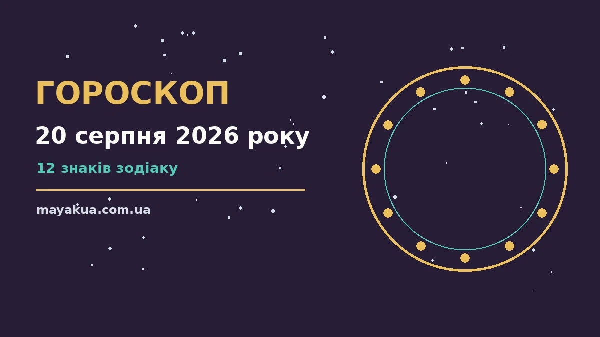 Зодіакальний круг із дванадцятьма знаками на тлі ранкового неба 20 серпня 2026 року